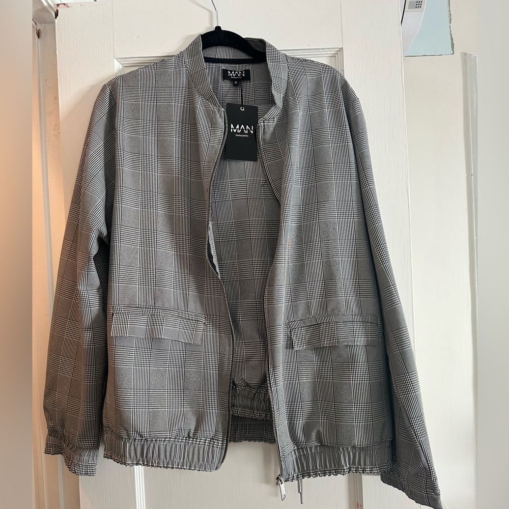 Boohoo Man Plaid Bomber Collarless Jacket